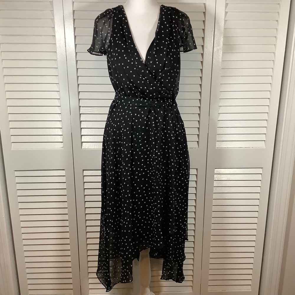 DKNY Black and white polka dot faux wrap dress, size 10